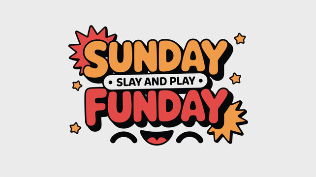 Playful Sunday Funday text with stars and a happy smile on a light grey background