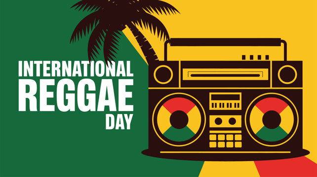 Retro boombox and palm tree with International Reggae Day text on colorful background