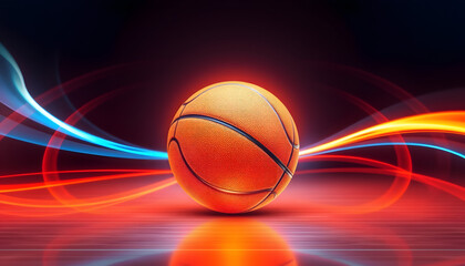 Obraz premium Dynamic Basketball on a Reflective Court Bathed in Vibrant Neon Lights and Energetic Streaks, Symbolizing Fast-Paced Sports Action and Intense Competition