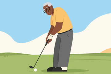 Fototapeta premium Elderly golfer in yellow shirt, gray pants and cap preparing to hit ball on grassy course with hills and clouds, stylized vector illustration of active senior lifestyle.