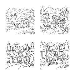 Naklejka premium Kids Hiking On Forest Trail With Emotional Support Dog Carrying Backpack Kids Coloring Book Simple Line Art Illustration