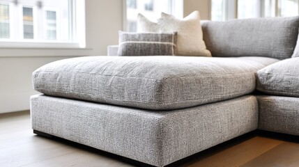 Fototapeta premium Large grey chenille floor pouf with plush seating