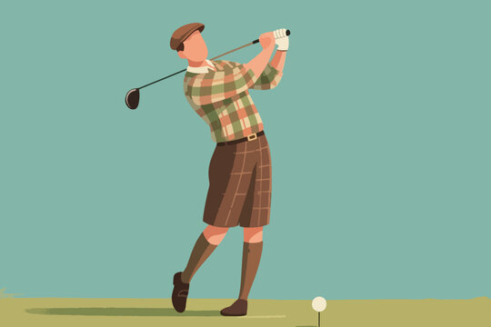 Vintage golfer in checkered shirt, knickerbockers and flat cap swinging club on course, stylized vector illustration of retro sportsmanship and classic golf attire.