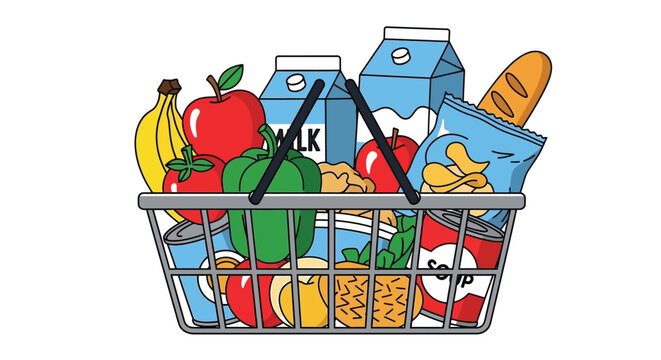 Colorful vector illustration of a full grocery shopping basket filled with various fresh food items and pantry staples