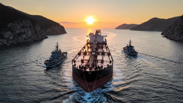 Naval escort for tanker at sunset in a strait, signifying energy, geopolitics, crisis, and accident risks.