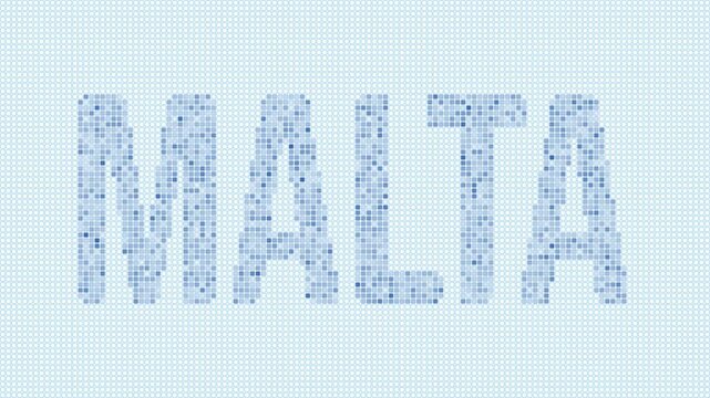 Malta dotted map animation. Digital style shape of Malta and island title blue dots appear with flickering effect. Modern Intro, outro, title, logo video.