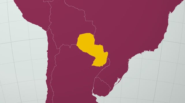 Paraguay map. Animated zoom into the country on the Globe in Pale Mint Dark Pink color palette. Country logo animation with round text and airplanes. Map with meridians, parallels. Stylish video.