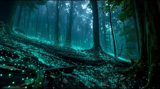 Cinematic drone flight through a glowing tropical rainforest at night where bioluminescent roots form a natural data network, blending futuristic technology with mystical nature.