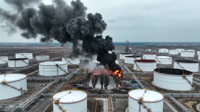 Aerial of a blazing oil tank fire, an energy crisis accident with geopolitical implications, at a vast industrial petroleum depot.