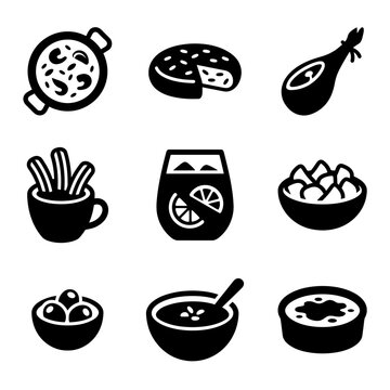 Spanish cuisine traditional food and drink black icon set.