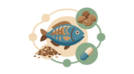 Fototapeta premium Blue Fish with Seeds and Floating Food Circles. Vector Illustrations. EPS Editable