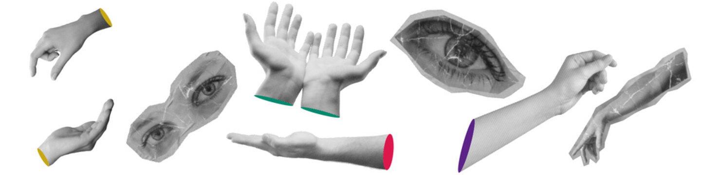 A set of cut out elements of a halftone collage banner with paper cut hands and eyes, surreal magazine sticker vector, modern pop art elements for decor poster design