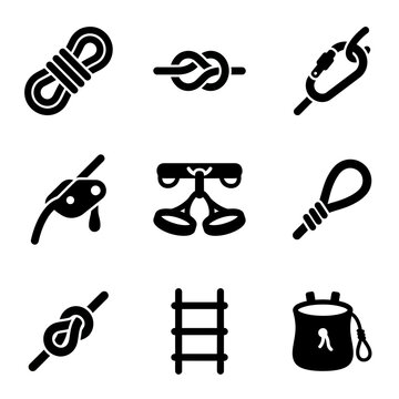 Rock climbing and mountaineering equipment solid glyph icons set.