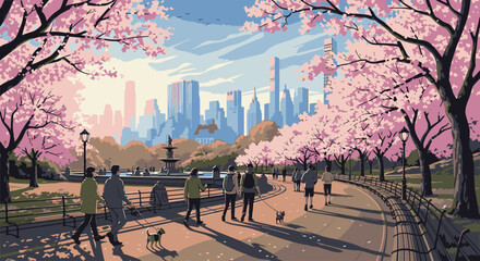 Naklejka premium People walking and playing with dogs on a path in a park with cherry blossom trees and a city skyline in the background under a blue sky with clouds.
