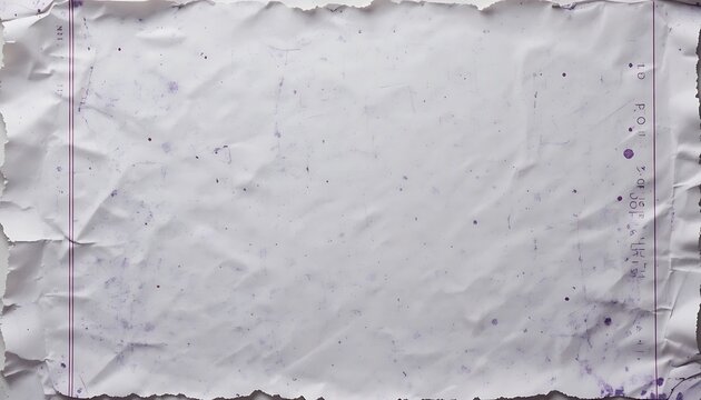 Vintage crumpled white paper texture with torn deckle edges and subtle ink splatters. Grungy antique parchment background with vertical margin lines for scrapbooking and retro designs.