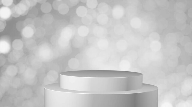 Clean empty white two step cylindrical platform product display with shimmering silver bokeh light motion background