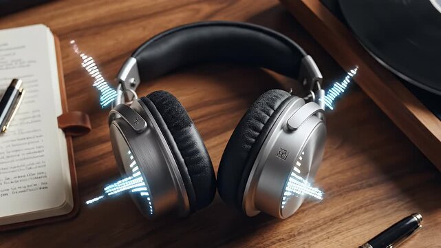 Headphones viewed from above on top view, representing music conception, earphone, Bluetooth headset, and listening to music