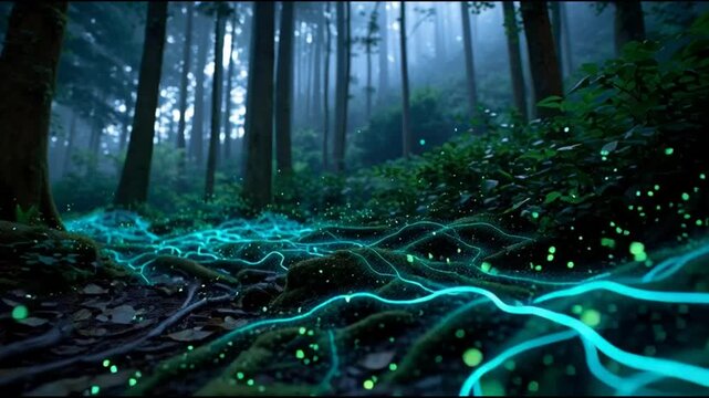 Cinematic drone flight through a glowing tropical rainforest at night where bioluminescent roots form a natural data network, blending futuristic technology with mystical nature.