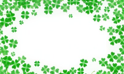 Fototapeta premium Green shamrocks creating a natural border on a white background, symbolizing luck and celebrating an Irish holiday