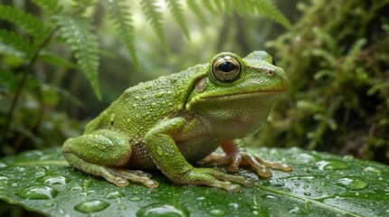 Fototapeta premium green frog sitting on leaf in lush forest with water droplets on its skin