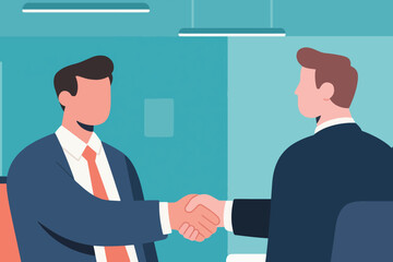 Fototapeta premium Two businessmen in suits shaking hands in office, stylized vector illustration of partnership, negotiation and corporate agreement.