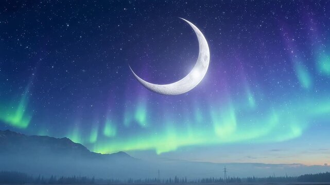 Serene Crescent Moon Amidst a Mesmerizing Aurora Borealis Display Over Snow-Capped Mountains