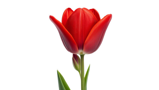 A vibrant, close-up, high-resolution photograph of a single, fully bloomed red tulip against a clean white background, showcasing its delicate petals and stem