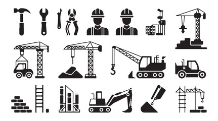 Construction and building vector icons set. tools, workers, crane, truck, excavator, brick wall and ladder © MD.RAHIM