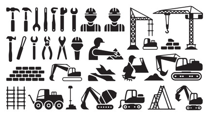 Construction and building vector icons set. tools, workers, crane, truck, excavator, brick wall and ladder © MD.RAHIM