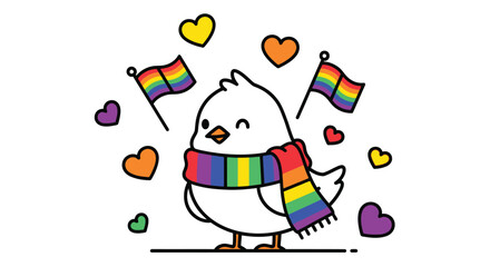 Obraz premium Prideful Bird Celebrating Diversity and Inclusion with Rainbow Scarf and Flags.