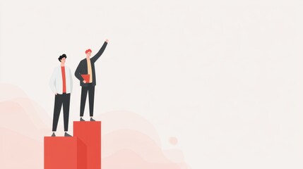 Fototapeta premium Two Businessmen Standing on Red Bar Graph with One Raising Hand in Celebration of Success and Achievement in Corporate World