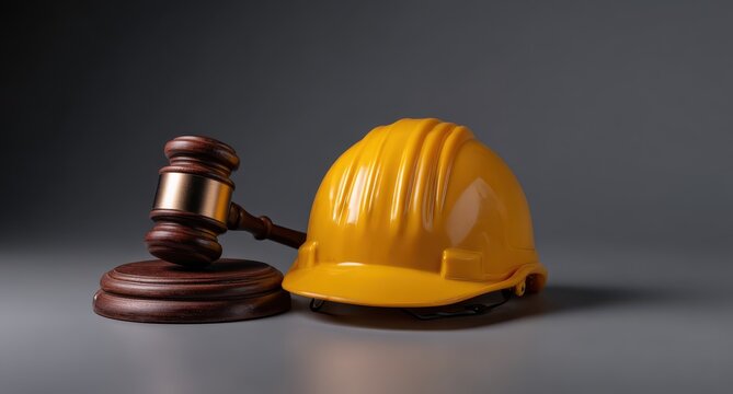 gavel and construction helmet on the table, against a gray background