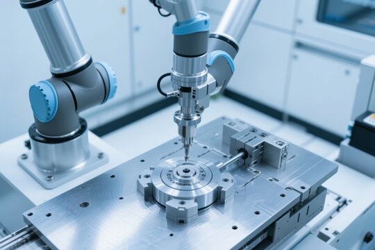 Industrial robotic arm performing precision machining on a metal component in a clean manufacturing environment