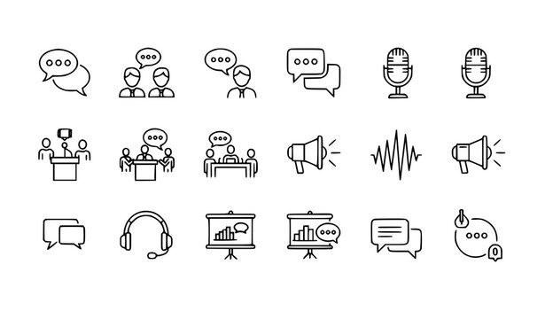Communication and speaking outline icon set with conversation consultation voice speech bubble and public speaking symbols vector