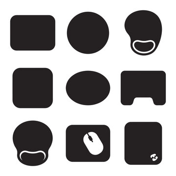 Set of black silhouette mouse pad icons in various shapes and designs.
