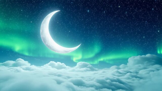 Enchanting night sky with a crescent moon and aurora borealis over clouds