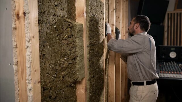 Medium shot of a worker installing thick insulation panels inside a framed wall to enhance acoustic isolation in a soundproof studio control room.