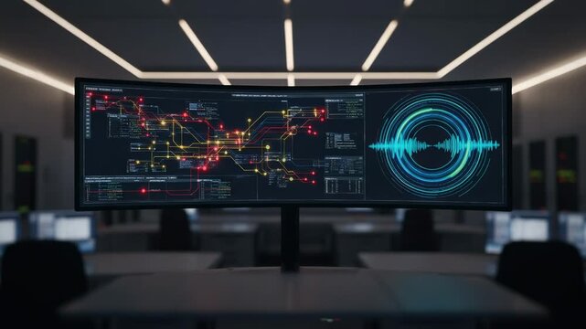 Focused medium frame on the illuminated alarms and network coverage visualizations on the large screen of an NOC during a quiet night shift with faded peripheral activity.