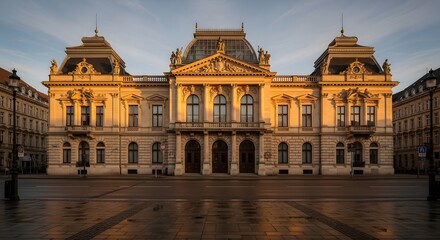 Obraz premium Grand European Architecture at Sunrise, Historic Building Exterior
