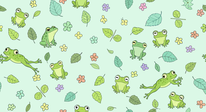 Cute Cartoon Frogs, Leaves  Flowers Seamless Pattern. Nature  Children Vector Hand-drawn Art.