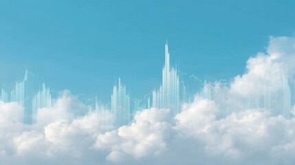 Abstract financial graph overlaid on clouds with blue sky, symbolizing market trends and economic growth in a digital landscape