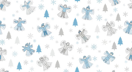 Seamless Hand Drawn Snow Angels and Winter Trees Pattern for Holiday Background