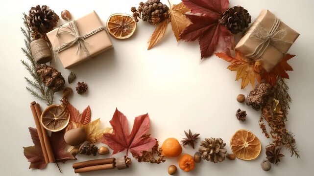 クラフト包装と紅葉で囲む秋のハーベストフレーム