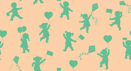 Childhood Play Pattern with Kids Silhouettes, Balloons, Kites, and Flags in Flat Style
