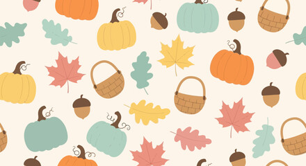 Obraz premium Cute Autumn Fall Harvest Seamless Pattern with Pumpkins Leaves Acorns Baskets Flat Illustration