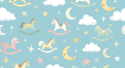 Obraz premium Seamless Pattern with Pastel Flat Vector Rocking Horses, Clouds, Moons, and Stars for Baby Nursery