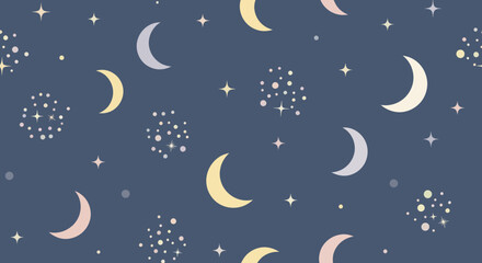Fototapeta premium Flat Design Vector Pattern of Celestial Moons and Stars for Children's Night Sky Decor