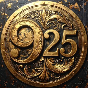 A close-up view of a metallic, embossed circular emblem with the numbers 925 in large, golden script, surrounded by ornate floral detailing