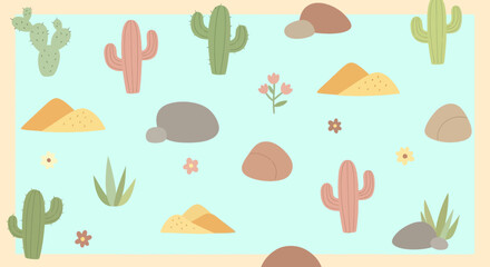 Southwestern Desert Nature Flat Vector Illustration with Cacti, Rocks, and Sand Dunes