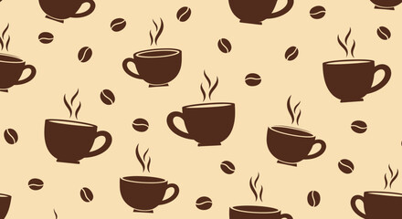 Obraz premium Food Drink Flat Vector Seamless Coffee Pattern with Steaming Cups and Beans